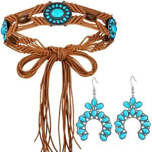 6336 2 Pcs Turquoise Braid Waist Belt Set With Beaded Dangle Earrings Bohemian